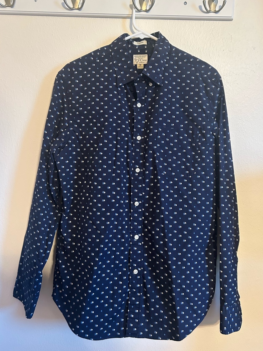 J. Crew Navy Blue Button-Down Shirt with White Micro Floral Print